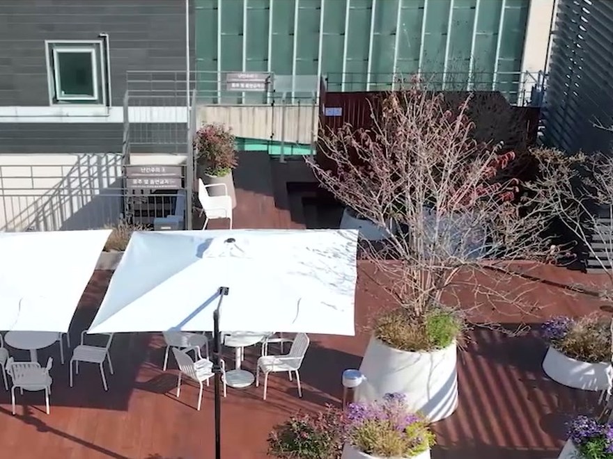 Rooftop garden terrace with tables and parasols