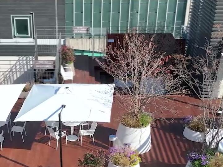 Rooftop garden terrace with tables and parasols